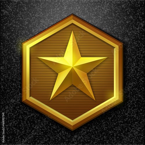 Gold star. Golden military rank icon, game achievement rating, battle award, reward signs. Vector illustration.