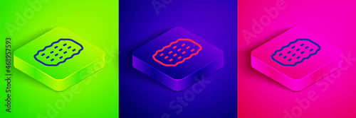 Isometric line Sponge icon isolated on green, blue and pink background. Wisp of bast for washing dishes. Cleaning service logo. Square button. Vector