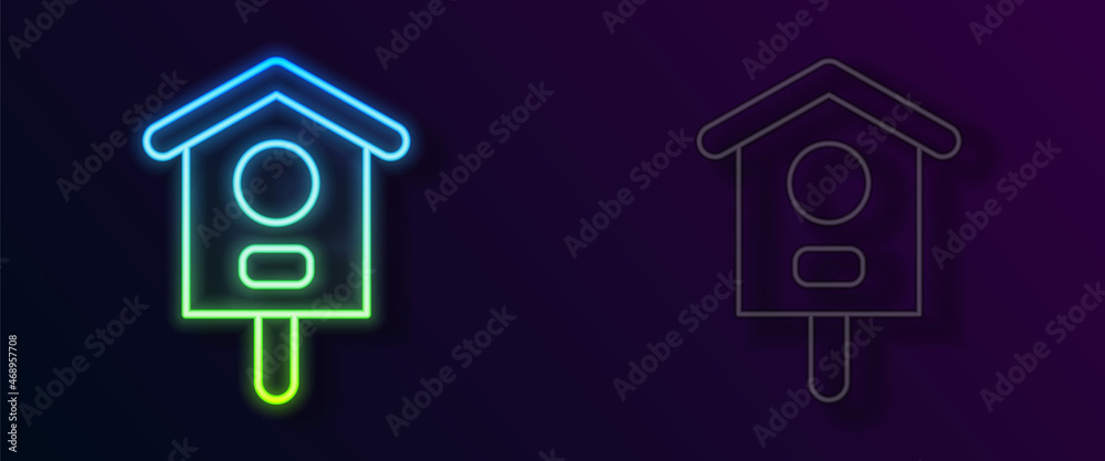 Glowing neon line Bird house icon isolated on black background. Nesting box birdhouse, homemade building for birds. Vector