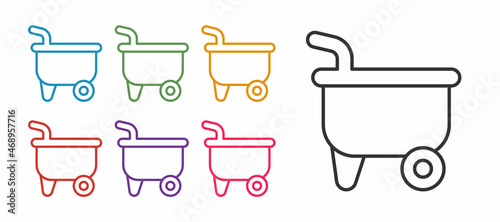 Set line Wheelbarrow icon isolated on white background. Tool equipment. Agriculture cart wheel farm. Set icons colorful. Vector