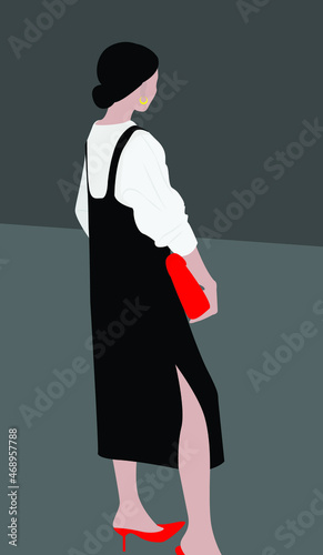 Young lady in a midi dress with a white shirt. Black-haired lady vector flat image. Contemporary painting. Design for cards, posters, backgrounds, templates, postcards, textiles, avatars.