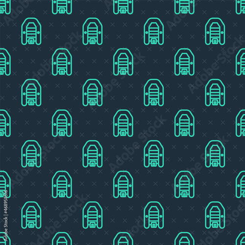 Green line Inflatable boat with outboard motor icon isolated seamless pattern on blue background. Vector