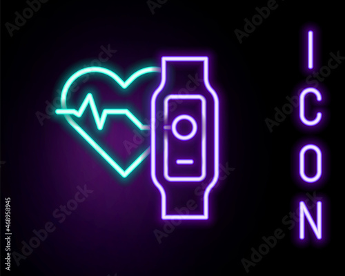 Glowing neon line Smart watch showing heart beat rate icon isolated on black background. Fitness App concept. Colorful outline concept. Vector