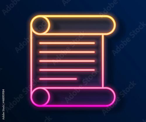 Glowing neon line Decree, paper, parchment, scroll icon icon isolated on black background. Vector