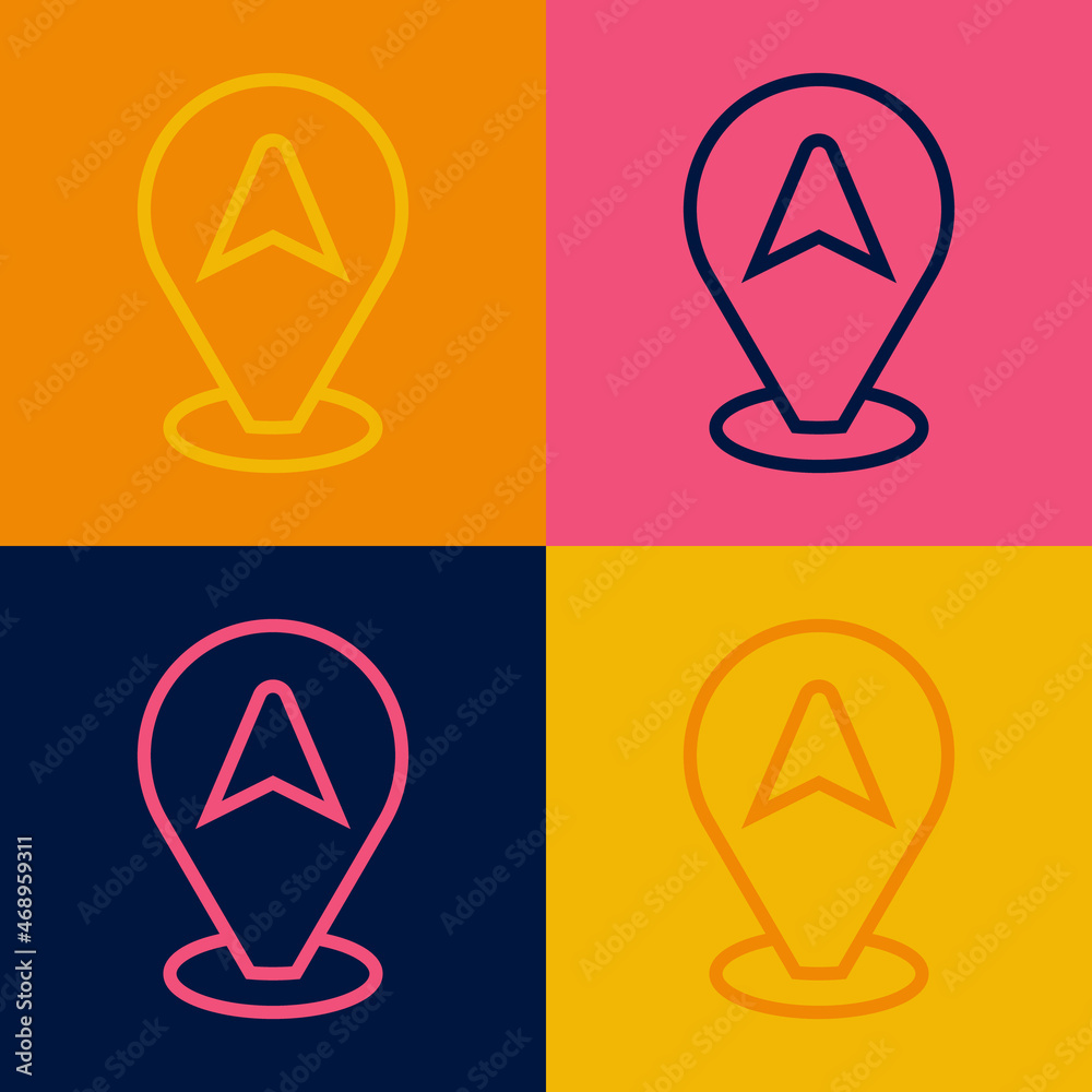 Pop art line Map pointer with taxi car icon isolated on color background. Location symbol. Vector Pop art line Map pointer with taxi car icon isolated on color background. Location symbol. Vector
