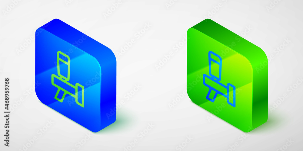 Isometric line Beer tap icon isolated on grey background. Blue and green square button. Vector Isometric line Beer tap icon isolated on grey background. Blue and green square button. Vector