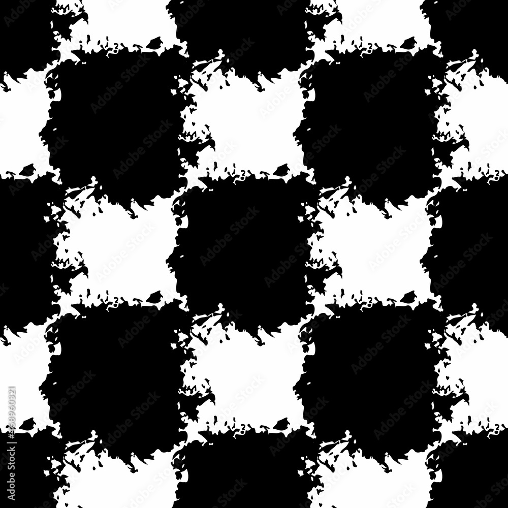 Fototapeta premium Vector Square Brush Seamless Pattern Plaid Grange Minimalist Check Geometric Design in Black Color. Modern Grung Collage Background for kids fabric and textile