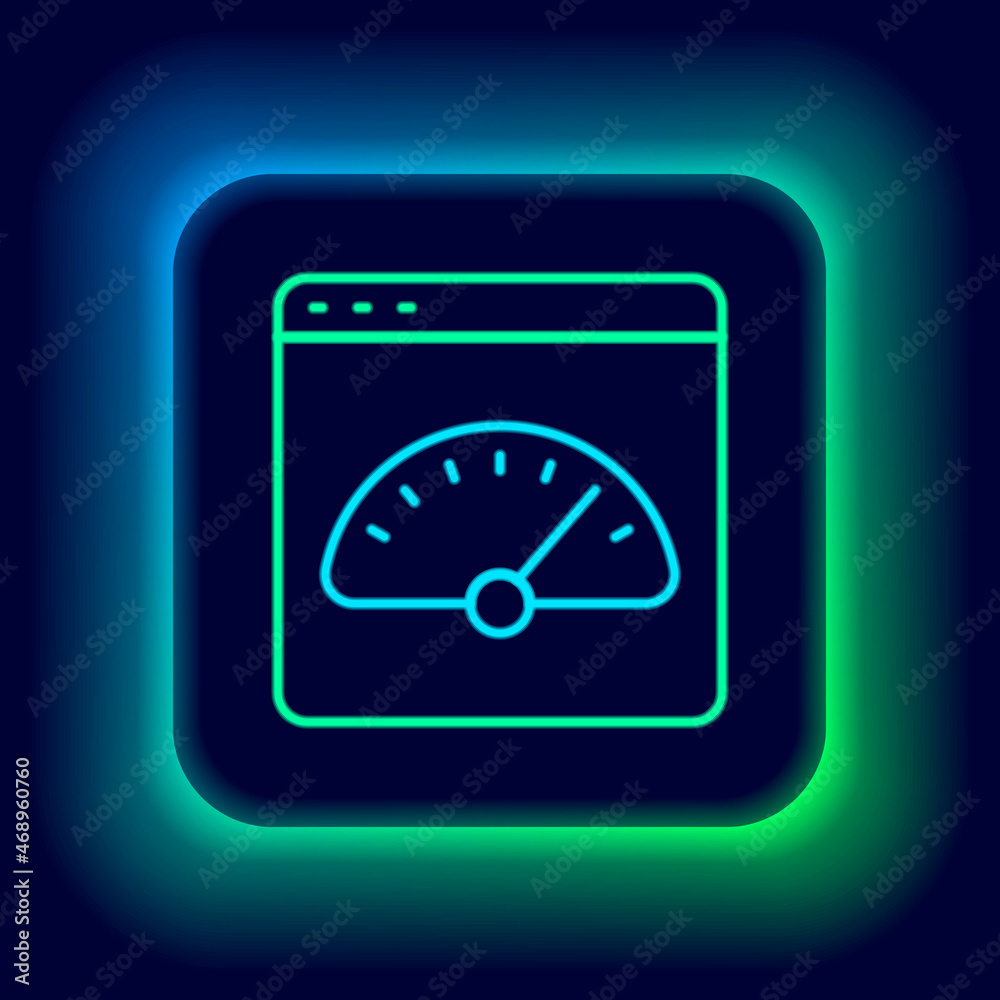 Glowing neon line Digital speed meter icon isolated on black background. Global network high speed connection data rate technology. Colorful outline concept. Vector Glowing neon line Digital speed meter icon isolated on black background. Global network high speed connection data rate technology. Colorful outline concept. Vector