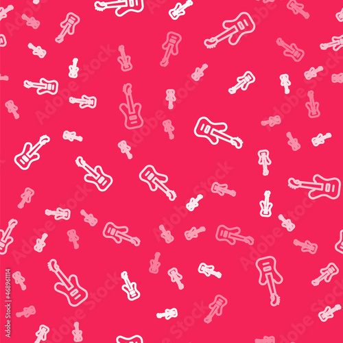 White line Electric bass guitar icon isolated seamless pattern on red background. Vector