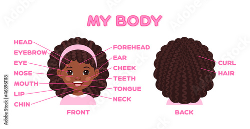 Name of Parts of Childs Face. Beautiful Little Afro Black Girl. Poster for Lesson of Anatomy, Biology. Education Game for Kids. White background. Worksheet, Page for Printing. Vector illustration.
