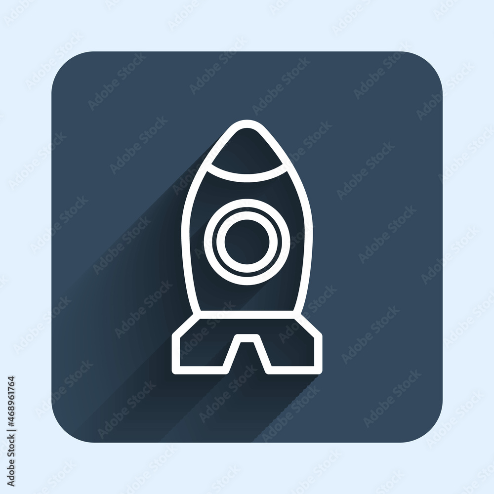 White line Rocket ship toy icon isolated with long shadow background. Space travel. Blue square button. Vector White line Rocket ship toy icon isolated with long shadow background. Space travel. Blue square button. Vector