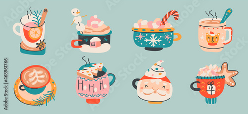 Set of Colorful Christmas and New year coffee cup. Mugs with cocoa, cream, latte, tea, hot chocolate and ginger cookies. Winter warming drinks. Seasonal elements collection