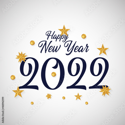 Happy New Year 2022 text design. 2022 calligraphy writing with gold star ornament. for cover, brochure, template, 