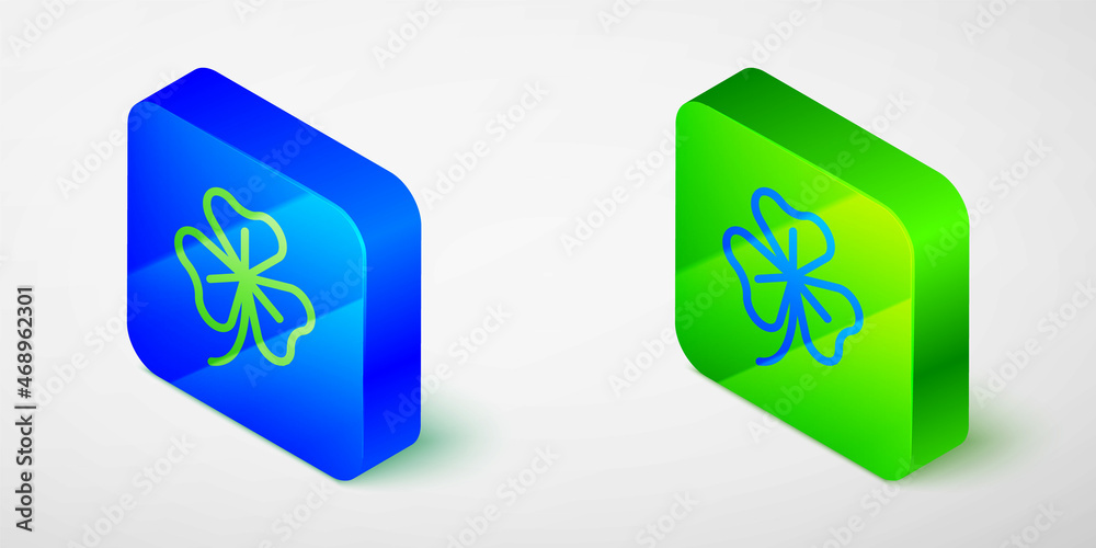 Isometric line Clover trefoil leaf icon isolated on grey background. Happy Saint Patricks day. National Irish holiday. Blue and green square button. Vector Isometric line Clover trefoil leaf icon isolated on grey background. Happy Saint Patricks day. National Irish holiday. Blue and green square button. Vector