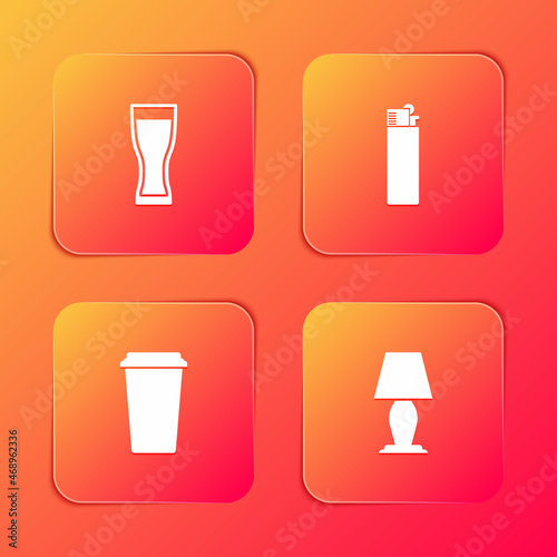 Set Glass of beer  Lighter  Coffee cup and Table lamp icon. Vector