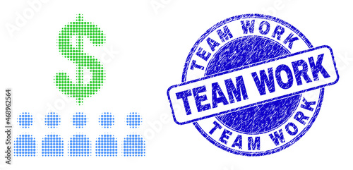 Bank clients halftone dotted icon with Team Work watermark. Blue vector round grunge watermark with Team Work caption inside round form. Halftone bank clients icon array contains round elements.