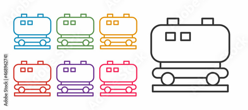 Set line Oil railway cistern icon isolated on white background. Train oil tank on railway car. Rail freight. Oil industry. Set icons colorful. Vector