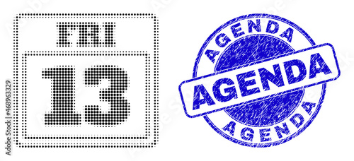 13 friday calendar page halftone dotted icon with Agenda seal. Blue vector round grunge seal stamp with Agenda text inside round shape.