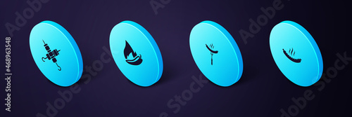 Set Isometric Sausage, on the fork, Hot chili pepper pod and Grilled shish kebab icon. Vector