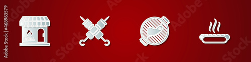 Set Barbecue shopping building, Grilled shish kebab, grill with steak and Hotdog sandwich icon. Vector