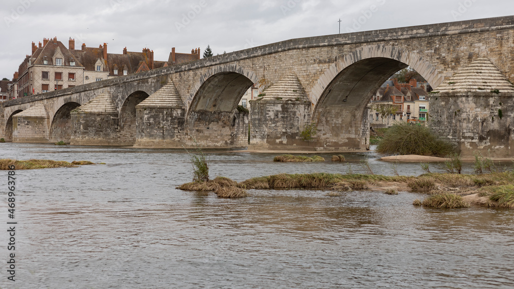 Old stone bridge crossing the river Loire into a town