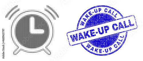 Alarm clock halftone dotted icon with Wake-Up Call seal. Blue vector round grunge seal with Wake-Up Call title inside round form. Halftone alarm clock icon array contains round points.