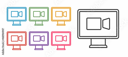 Set line Video chat conference icon isolated on white background. Online meeting work form home. Remote project management. Set icons colorful. Vector