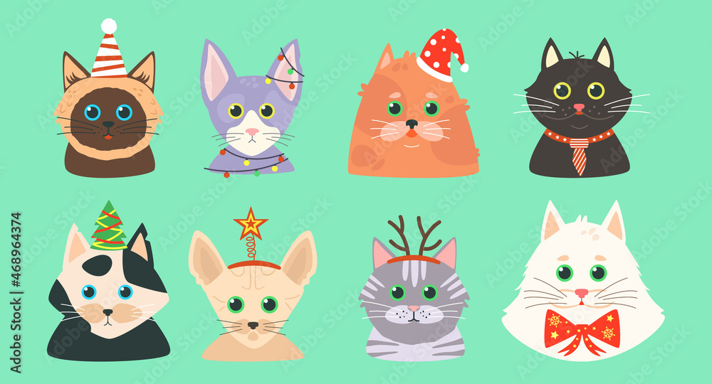 Set of cats with christmas accessories. Cute cartoon cats in hats. Vector pet's avatars.