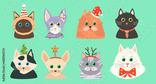 Set of cats with christmas accessories. Cute cartoon cats in hats. Vector pet s avatars.