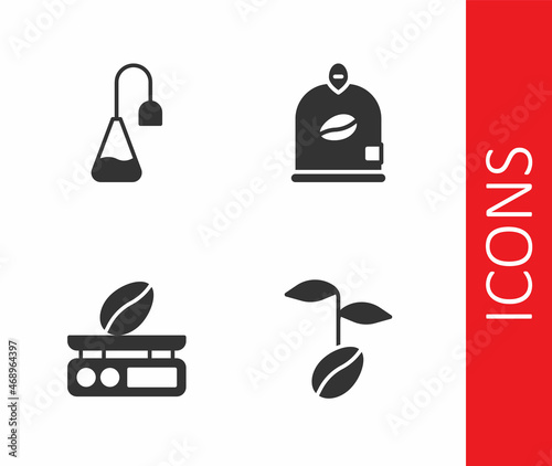 Set Coffee beans, Tea bag, Electronic coffee scales and Bag icon. Vector