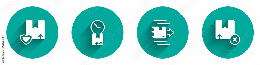 Set Delivery security with shield, Cardboard box clock, Carton cardboard and icon with long shadow. Vector Set Delivery security with shield, Cardboard box clock, Carton cardboard and icon with long shadow. Vector