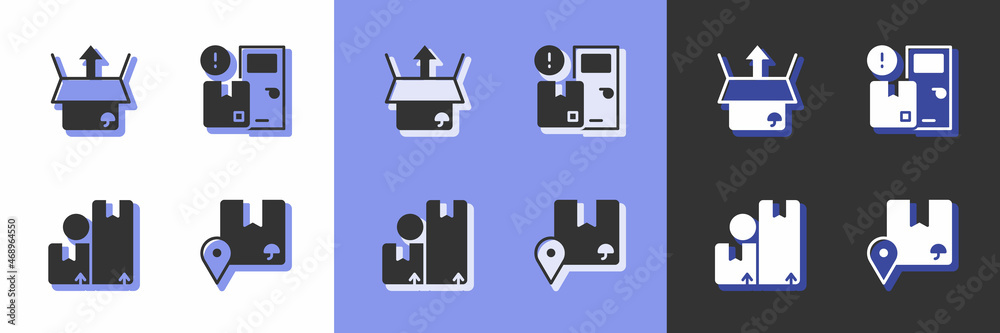 Set Location with cardboard box, Unboxing, Carton and Home delivery services icon. Vector Set Location with cardboard box, Unboxing, Carton and Home delivery services icon. Vector