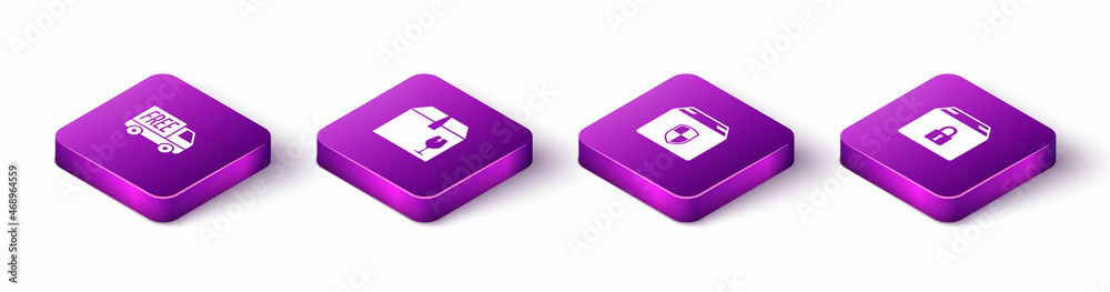 Set Isometric Free delivery service, Delivery box with fragile content, security shield and Locked package icon. Vector Set Isometric Free delivery service, Delivery box with fragile content, security shield and Locked package icon. Vector