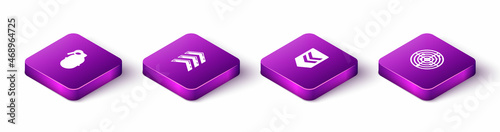 Set Isometric Hand grenade, Military rank, Chevron and Radar with targets icon. Vector