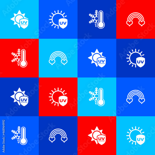 Set UV protection, , Thermometer with snowflake and Rainbow heart icon. Vector