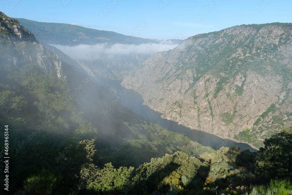 Top view of the Sil Canyon in Ribeira Sacra with fog