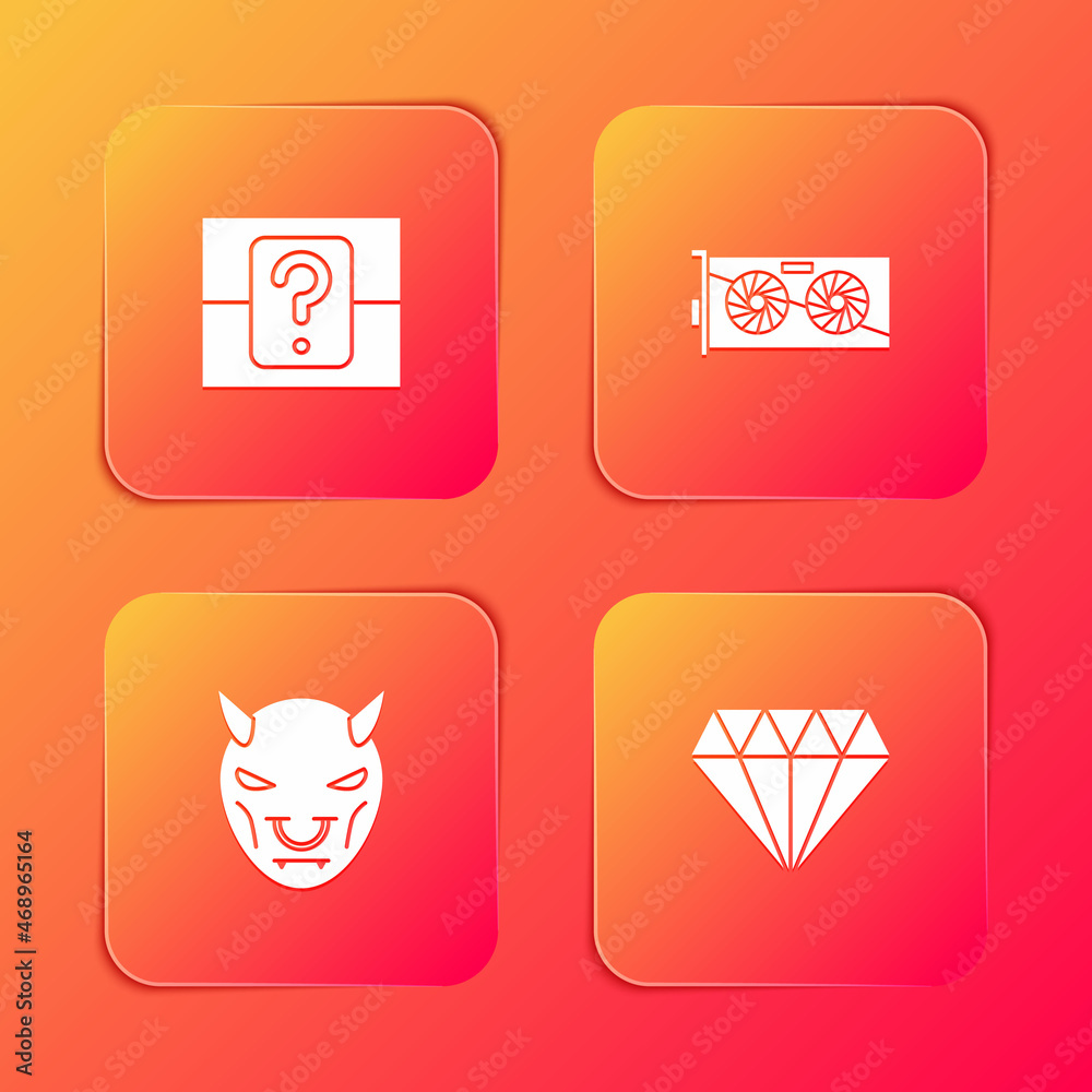 Set Mystery or random box, Video graphic card, Mask of the devil with horns and Diamond icon. Vector Set Mystery or random box, Video graphic card, Mask of the devil with horns and Diamond icon. Vector