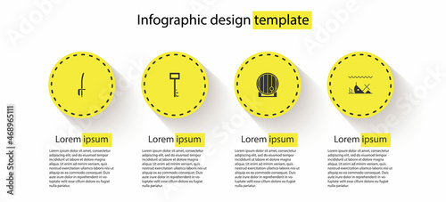 Set Pirate sword, key, Wooden barrel and Sunken ship. Business infographic template. Vector