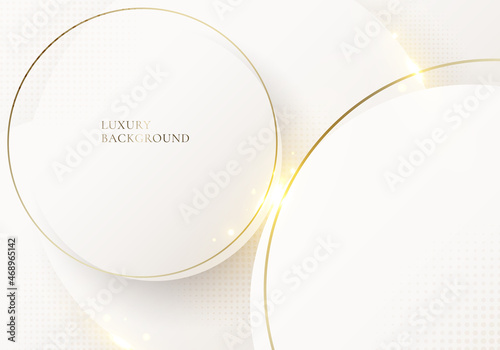 Abstract elegant white circle with golden lines rounded and light sparking on clean background luxury style