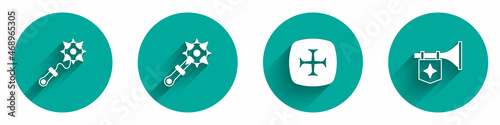 Set Mace with spikes, Crusade and Trumpet flag icon with long shadow. Vector
