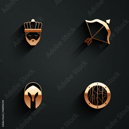 Set King with crown, Medieval bow and arrow, helmet and Round wooden shield icon with long shadow. Vector