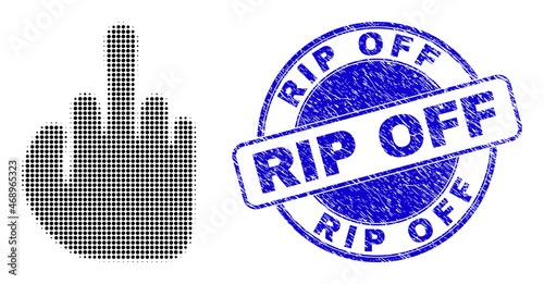 Asshole finger halftone dotted icon with RIP Off stamp. Blue vector round scratched seal stamp with RIP Off caption inside round shape. Halftone asshole finger icon array contains round dots.