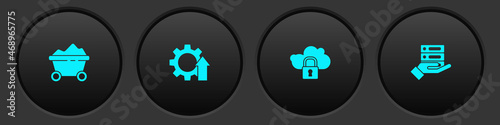 Set Coal mine trolley, Arrow growth gear, Cloud computing lock and Server, Data, Web Hosting icon. Vector