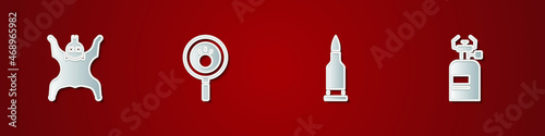 Set Bear skin, Paw search, Bullet and Camping gas stove icon. Vector