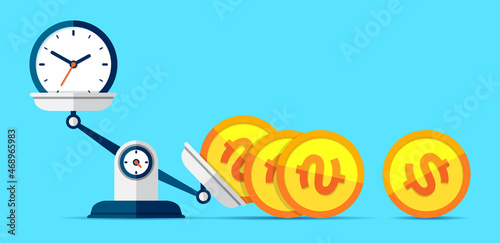 Time is money. Scales icon in flat style. Libra symbol, balance sign. Coins fell. Time management. Dollar and clock icons. Vector design elements for you business projects on color background