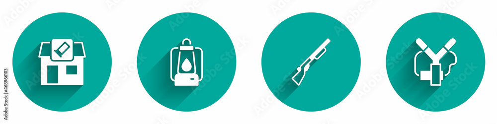 Set Hunting shop, Camping lantern, gun and Slingshot icon with long shadow. Vector Set Hunting shop, Camping lantern, gun and Slingshot icon with long shadow. Vector
