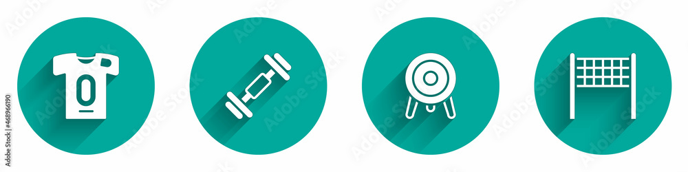 Set Football jersey and t-shirt, Dumbbell, Target sport and Volleyball net icon with long shadow. Vector Set Football jersey and t-shirt, Dumbbell, Target sport and Volleyball net icon with long shadow. Vector