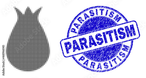 Alien egg halftone dotted icon with Parasitism seal stamp. Blue vector round textured seal stamp with Parasitism caption inside round shape. Halftone alien egg icon pattern contains round pixels.