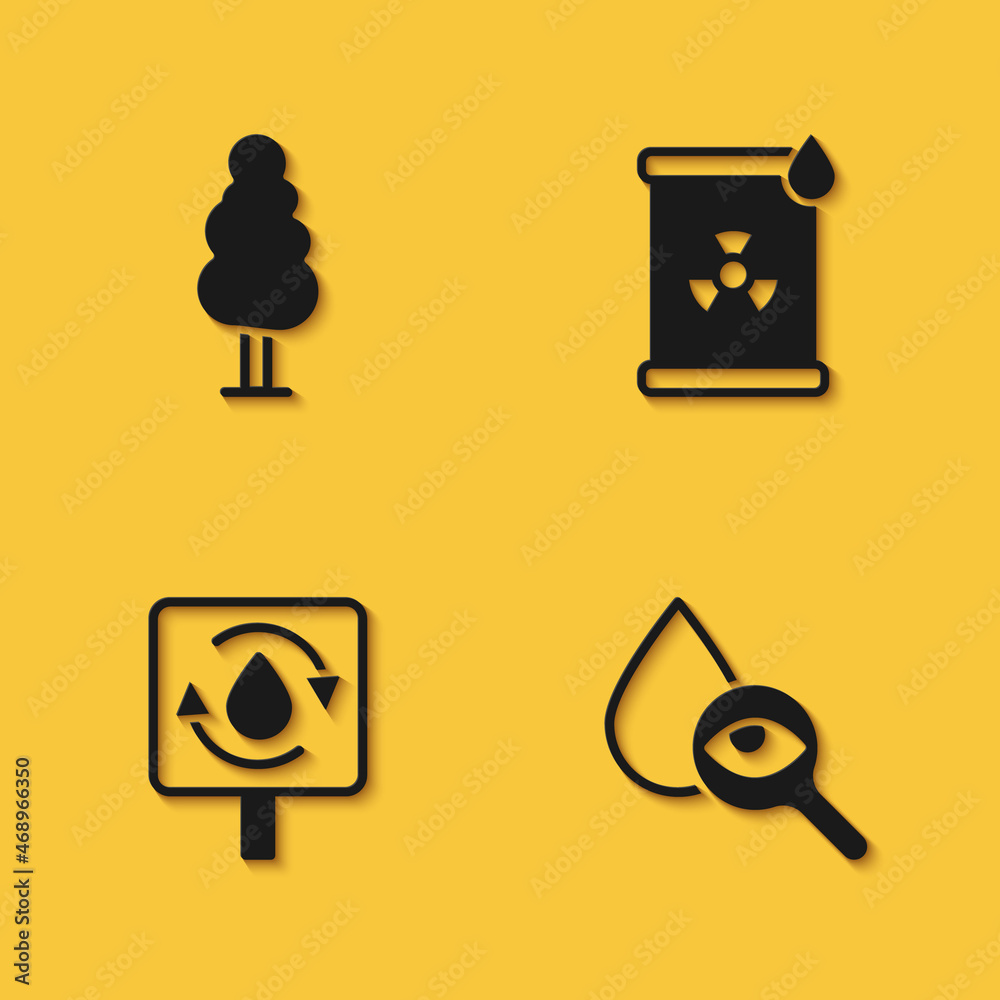 Set Tree, Drop and magnifying glass, Recycle clean aqua and Radioactive waste barrel icon with long shadow. Vector Set Tree, Drop and magnifying glass, Recycle clean aqua and Radioactive waste barrel icon with long shadow. Vector