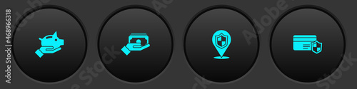 Set Piggy bank, Stacks paper money cash, Location shield and Credit card with icon. Vector